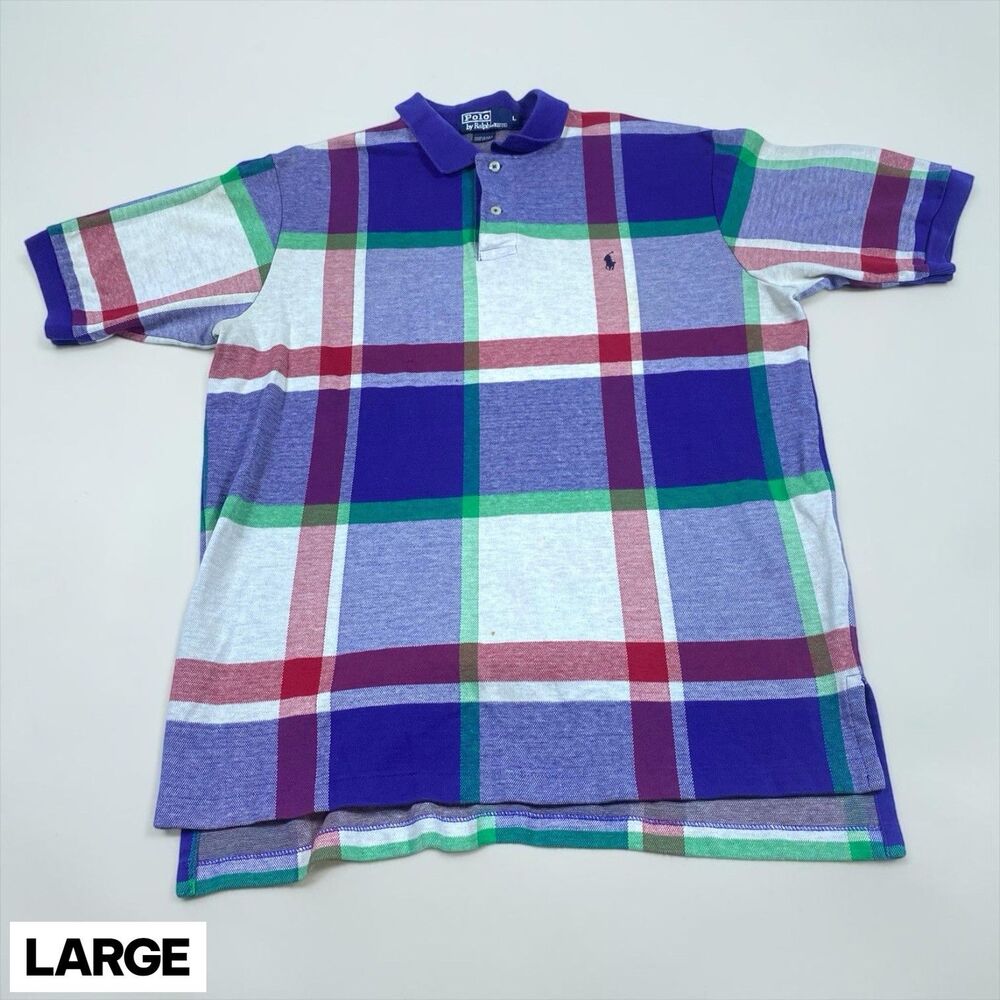 Vintage 90s Ralph Lauren Polo Mens LG Plaid Classic Preppy Short Sleeve USA Blue